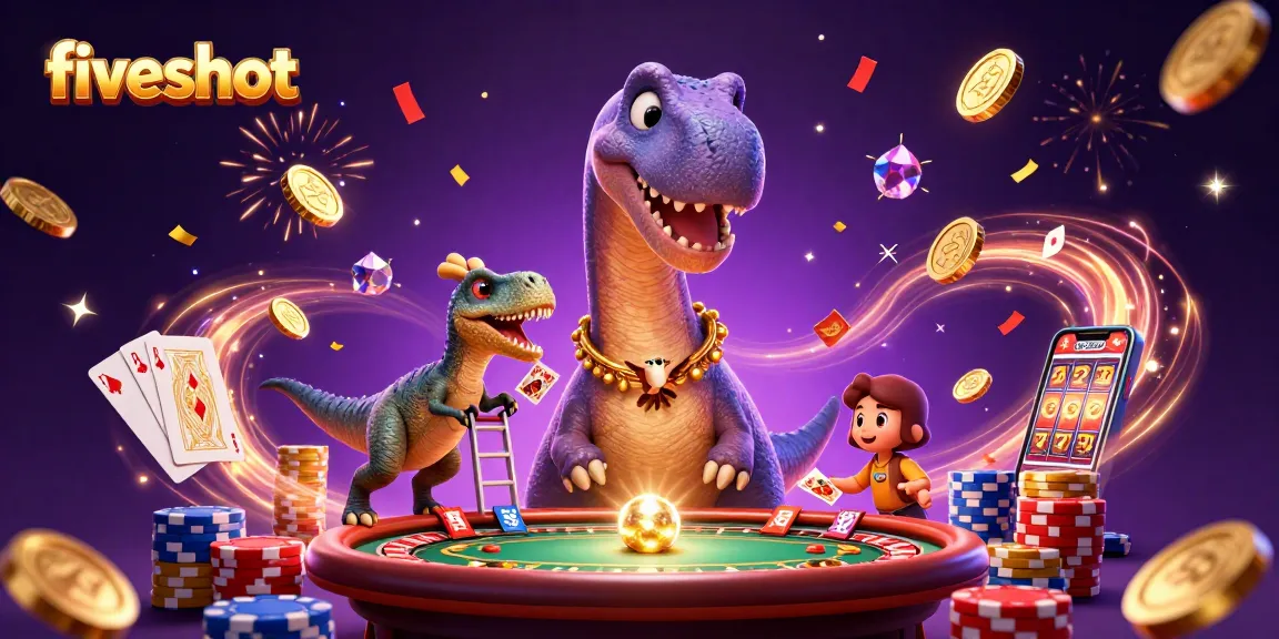 Experience fiveshot excitement with vibrant 3D casino scene featuring dynamic characters and game elements.