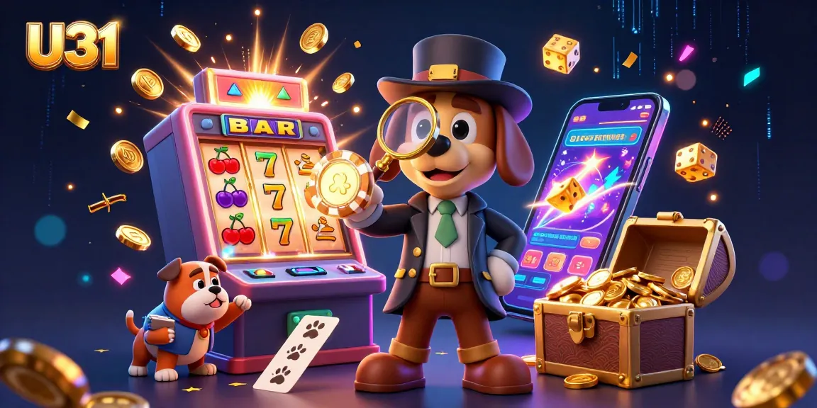 U31 showcases a thrilling casino scene with a detective and bulldog amidst jackpot wins and vibrant gaming action.