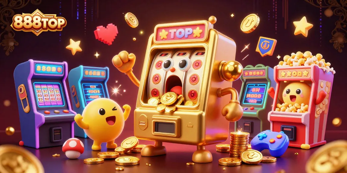 Celebrate big wins with 888TOP's golden slot machine and jackpot fun in a vibrant casino scene.