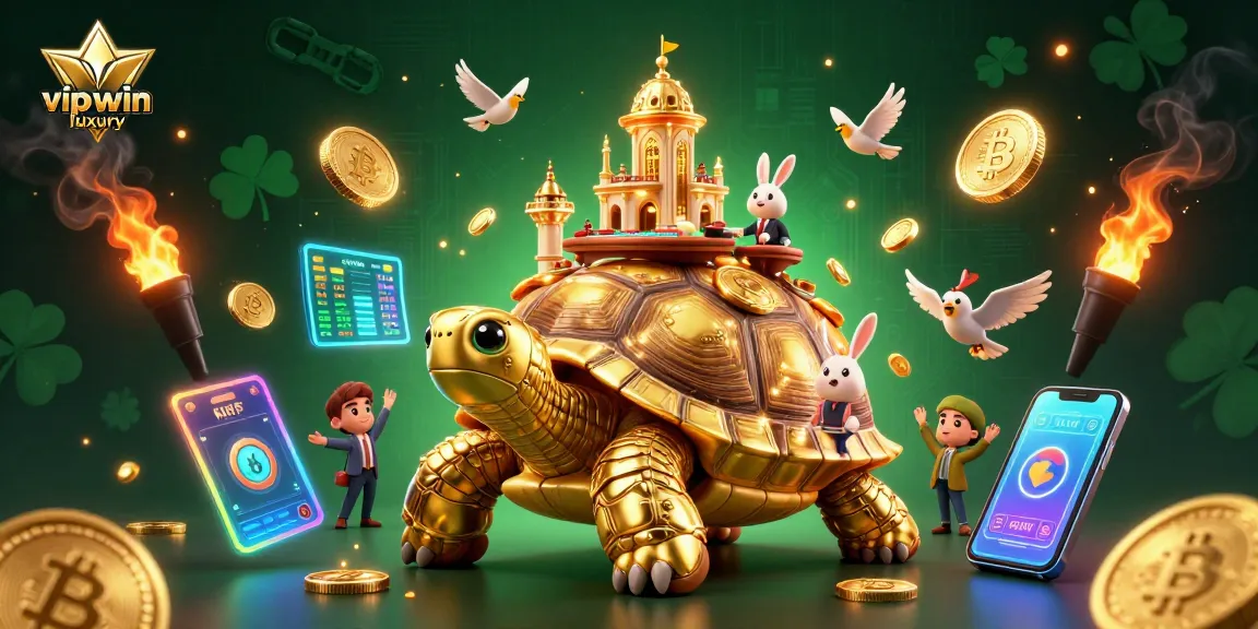 Experience the vibrant action at vipwin luxury with a golden tortoise casino scene and crypto elements.