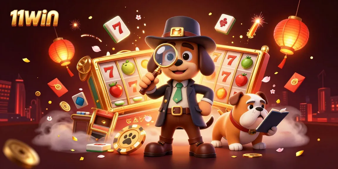 Engage with 11WIN's vibrant casino world, where a detective and bulldog uncover hidden treasures amidst slot machines.