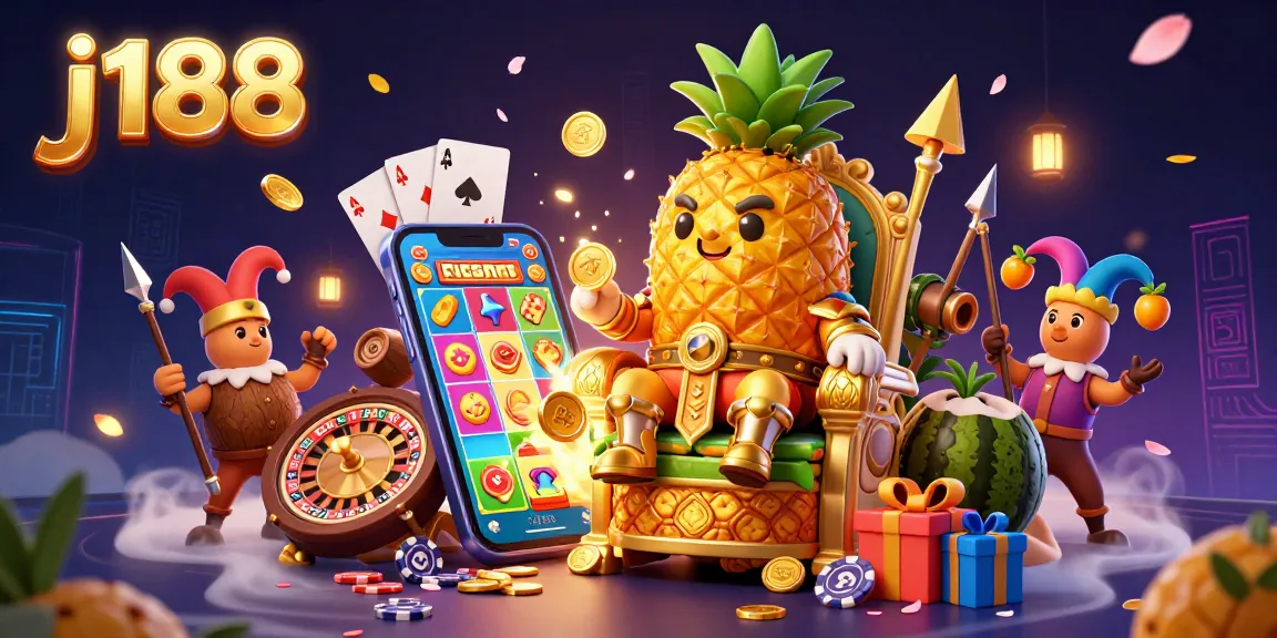 Experience the excitement of j188 with a vibrant 3D illustration depicting a golden pineapple king and casino elements.