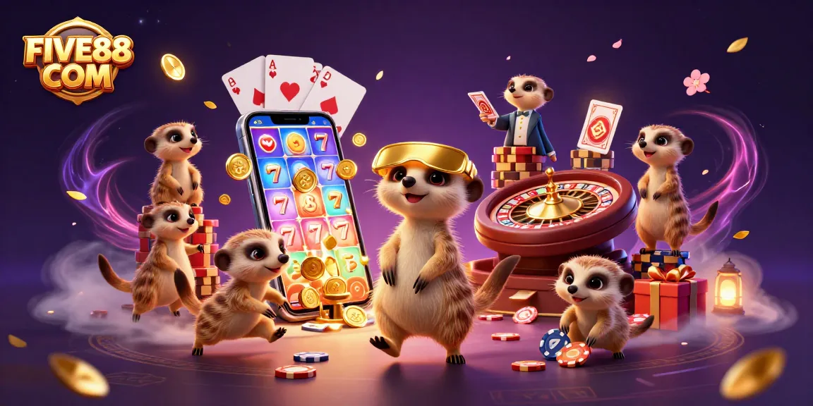 Experience the excitement of FIVE88 COM with meerkats playing slots amid vibrant casino action.