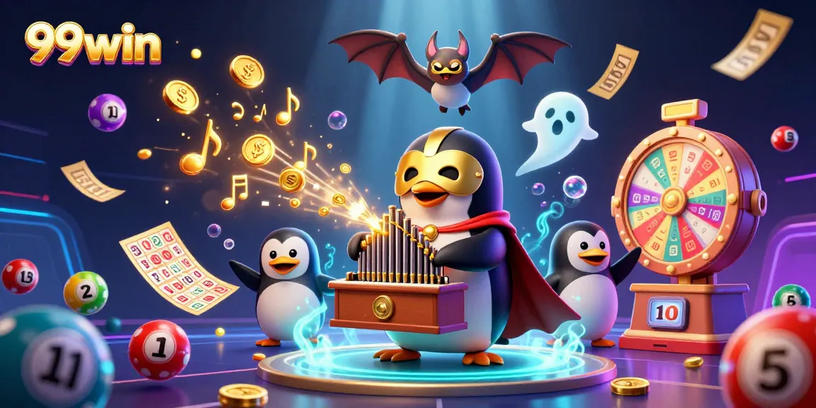Experience the thrill of 99win with a penguin organist amidst exciting game elements!