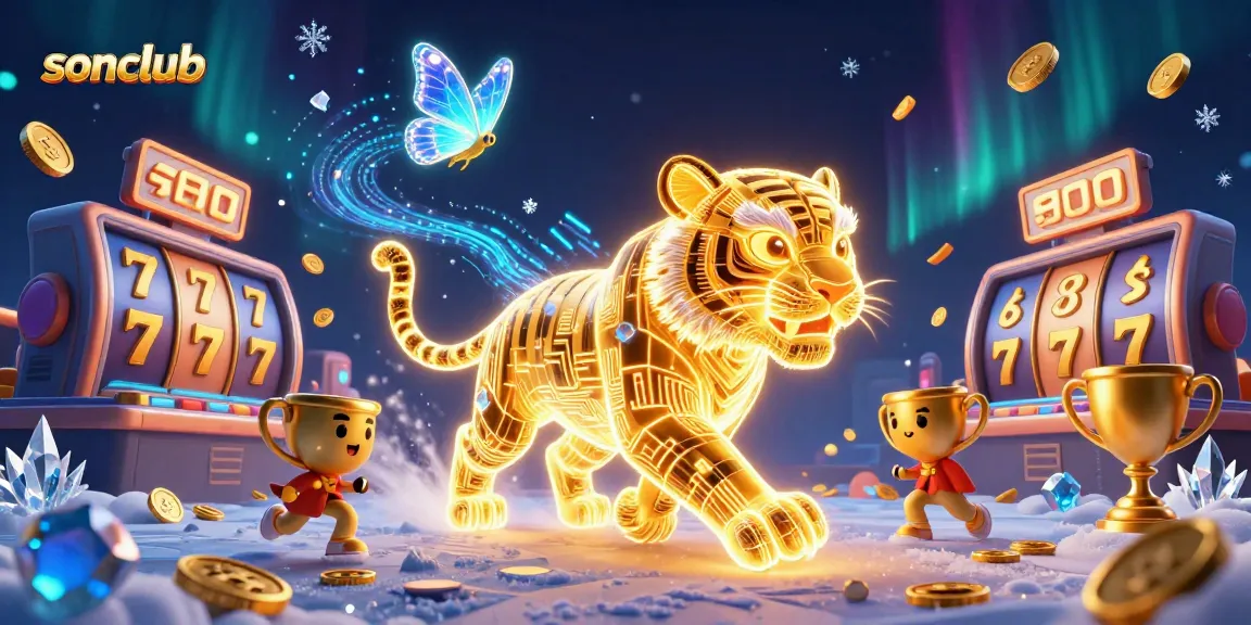 Experience the thrilling atmosphere of sonclub with a digital casino scene showcasing a golden tiger and holographic companions.