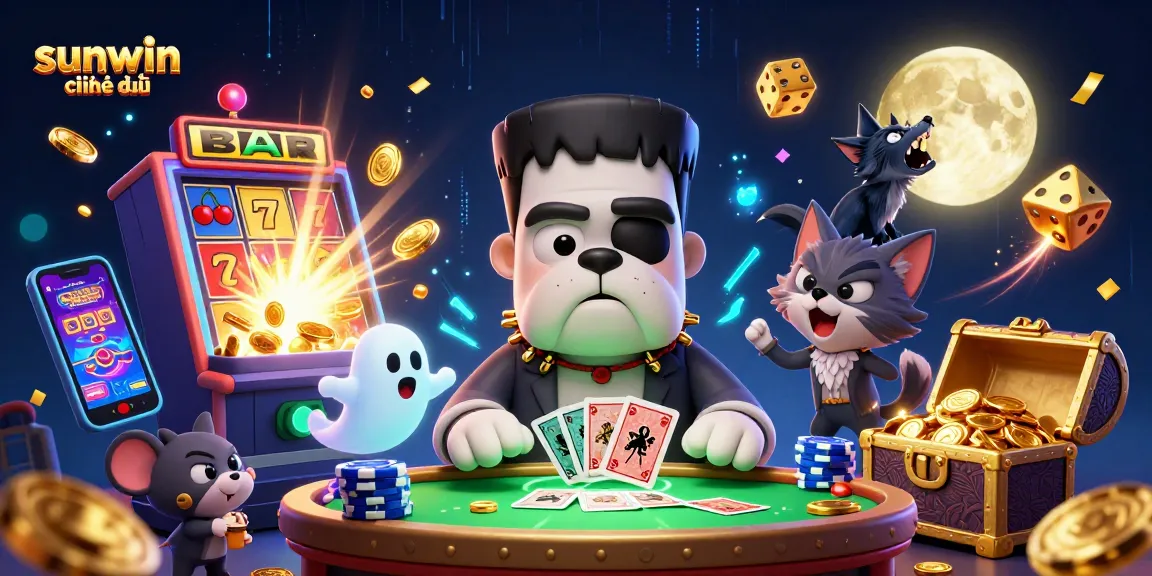 Experience sunwin chính thức at a vibrant casino scene featuring a 3D cartoon bulldog monster dealing cards.