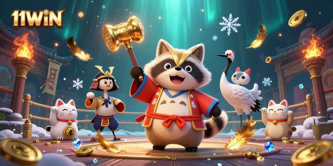 Engage in thrilling gameplay at 11WIN with a festive and luck-infused casino scene featuring colorful characters.