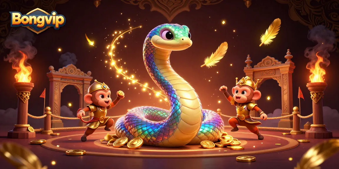 Bongvip presents a vibrant scene with a rainbow serpent and monkey king celebrating online gambling excitement.