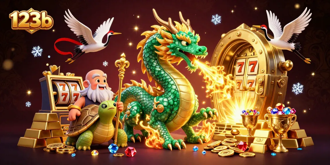Experience thrilling gameplay at 123b with a vibrant illustration of a jade dragon and lucky symbols.