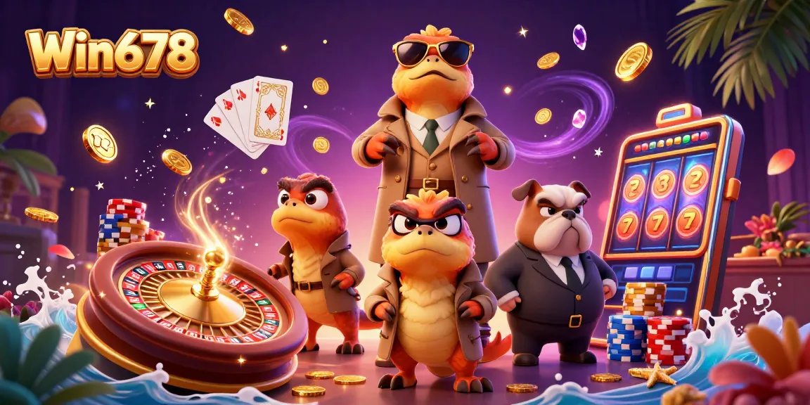 Win678 highlights a charming 3D scene of raptors in a trench coat entering a casino, bursting with vibrant gaming elements.