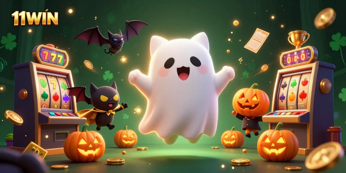 Enjoy thrilling gaming experiences with 11WIN, featuring a friendly ghost cat, vampire bat, and casino symbols.