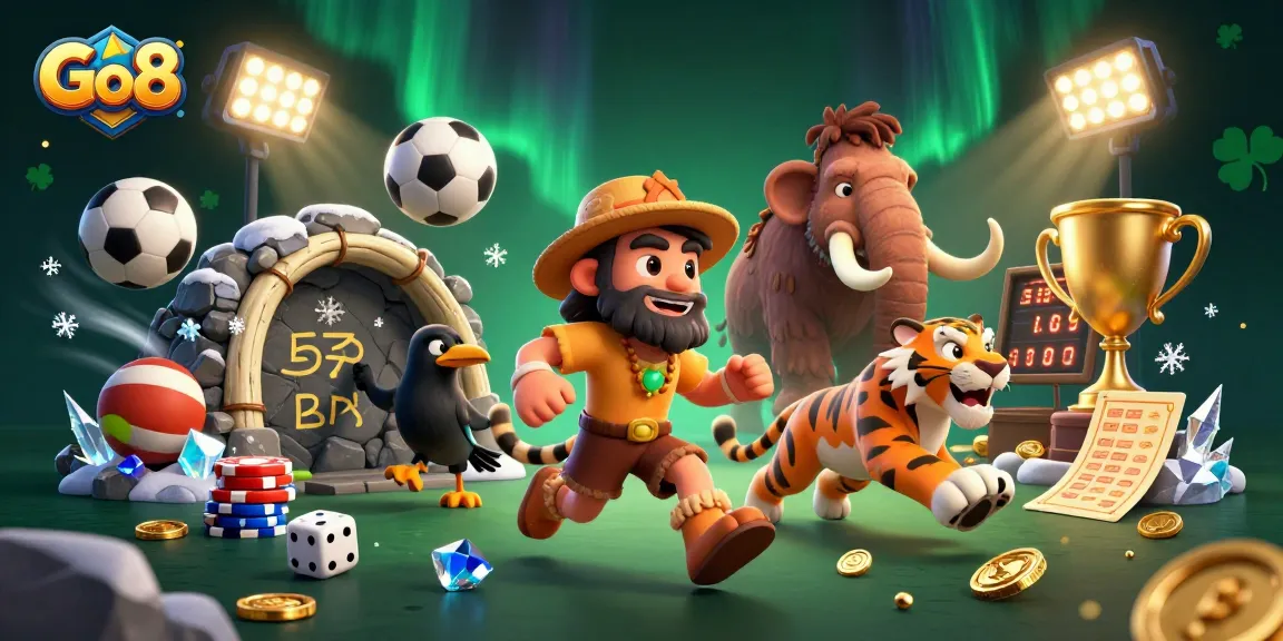 Go8 immersive gaming scene depicting caveman duo with sports elements and dynamic elements