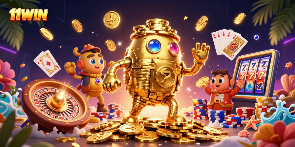 Win big with 11WIN casino's vibrant illustration showcasing thrilling gaming elements.