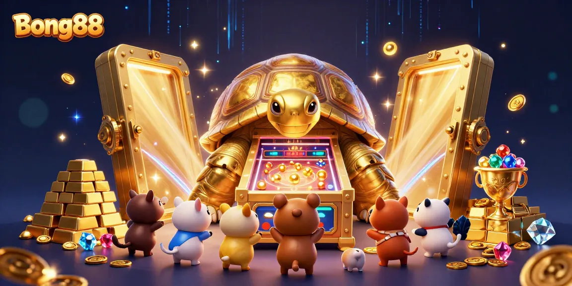Bong88 offers exciting gameplay, featuring a colossal golden tortoise pinball machine with vibrant casino elements.
