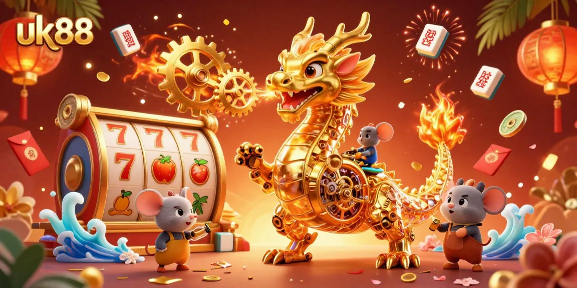 Engage with the magical experience of uk88 featuring a golden dragon amidst dynamic casino elements.