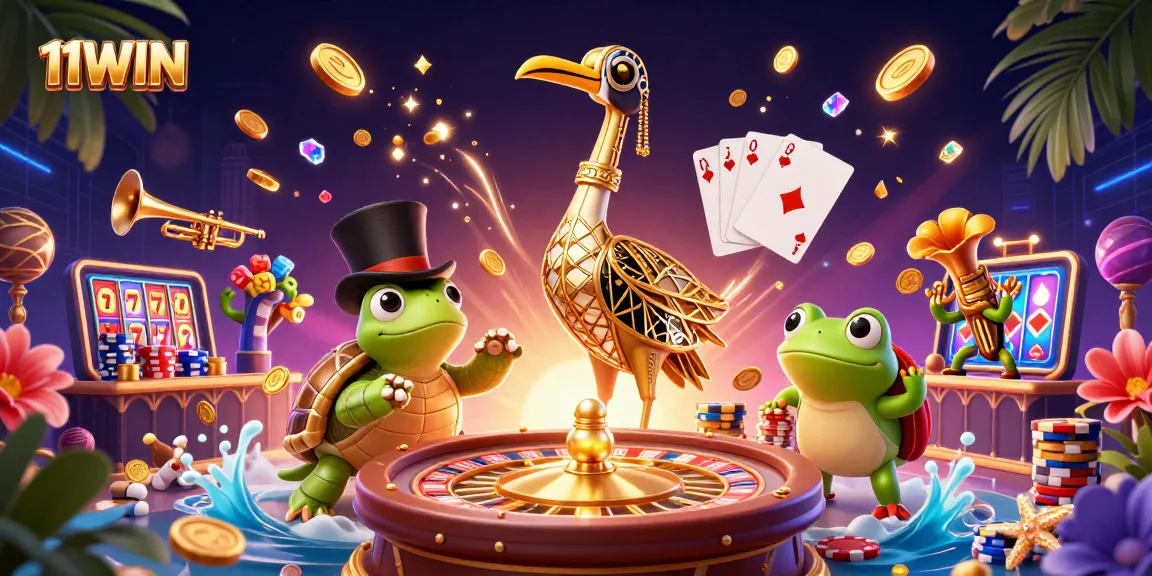Spin the 11WIN reel with vibrant characters and rich casino elements, showcasing winning potential.