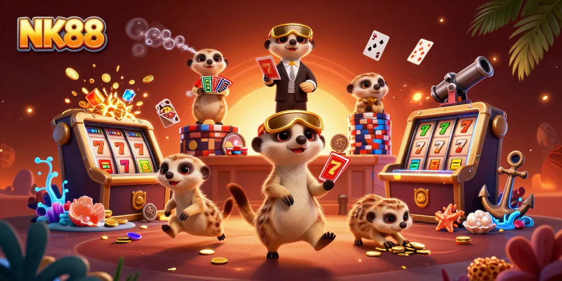 Experience thrilling gameplay at NK88 with meerkats managing a lively casino scene filled with jackpots and treasures.