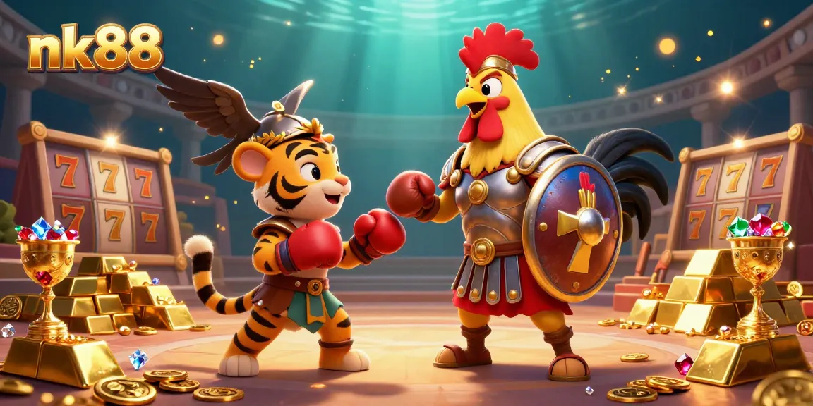 Engage in thrilling adventures with nk88 featuring a gladiator rooster and casino treasures.