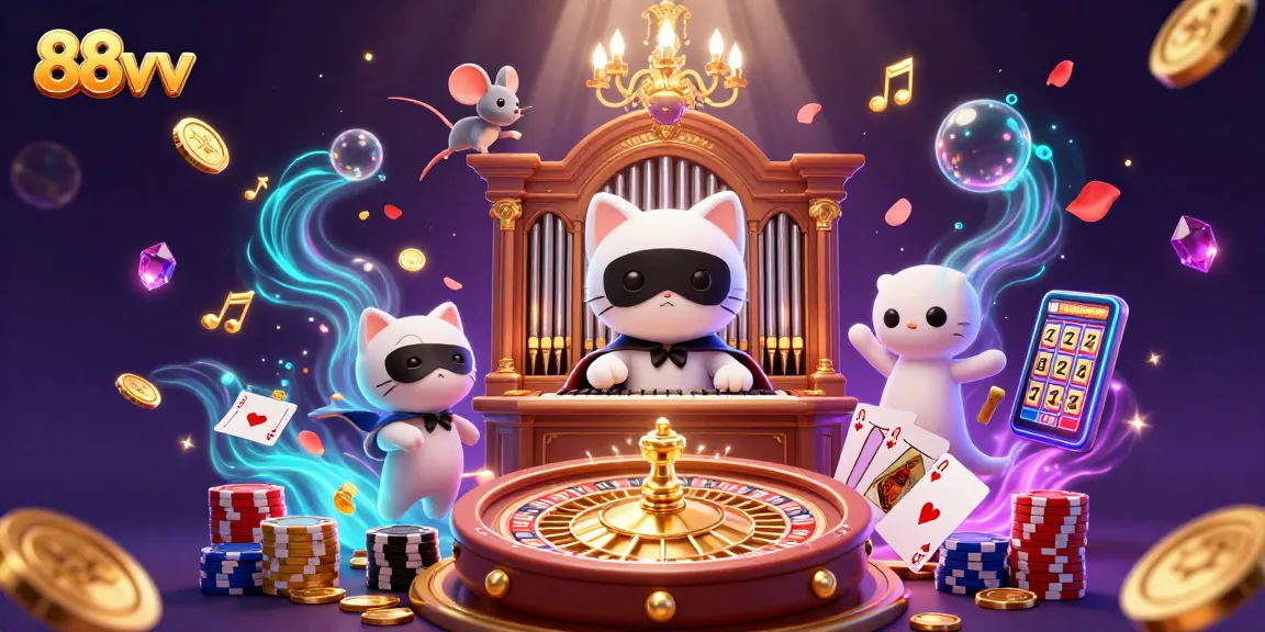 Experience the thrill of 88vv with a vibrant casino scene featuring slot machines and poker elements.