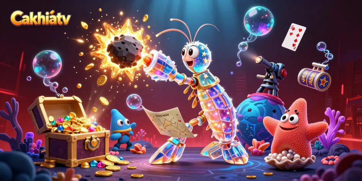 Cakhiatv offers an exciting 3D depiction of a samurai mantis shrimp in a vibrant underwater casino scene, exploding with coins and gems.