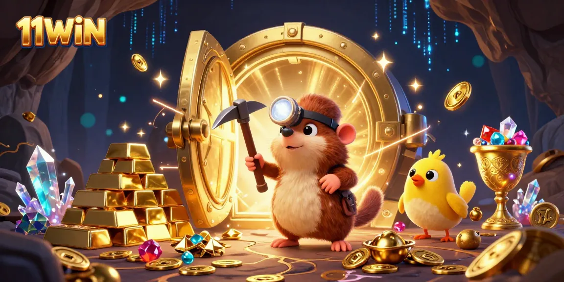 11WIN emphasizes exciting gameplay with a vibrant treasure hunting scene filled with gems and gold.