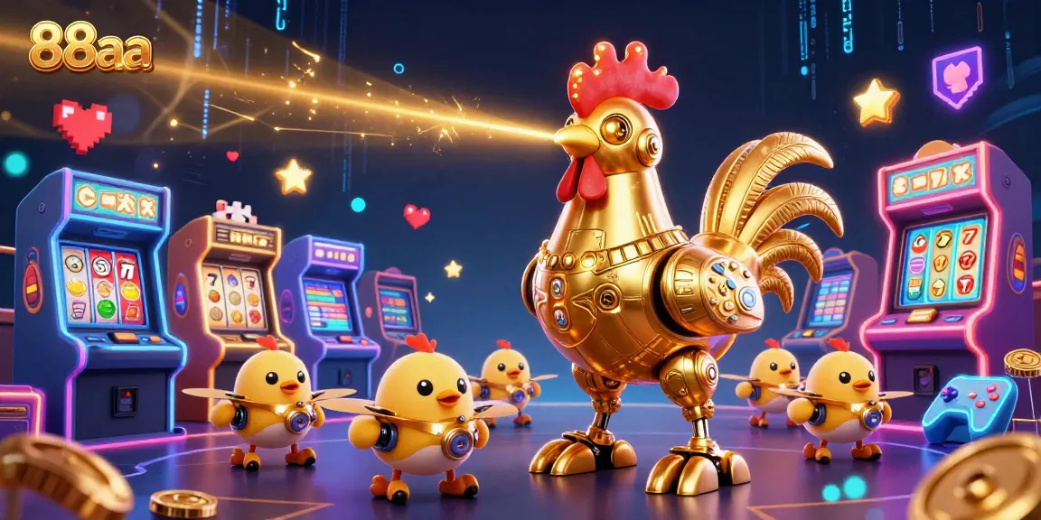 Experience thrilling gameplay with 88aa, where a golden rooster robot leads the arcade-style excitement in a dynamic casino atmosphere.