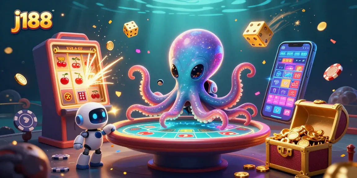 Engage with j188's thrilling casino atmosphere featuring an alien octopus and robot at a poker table, surrounded by jackpot symbols.