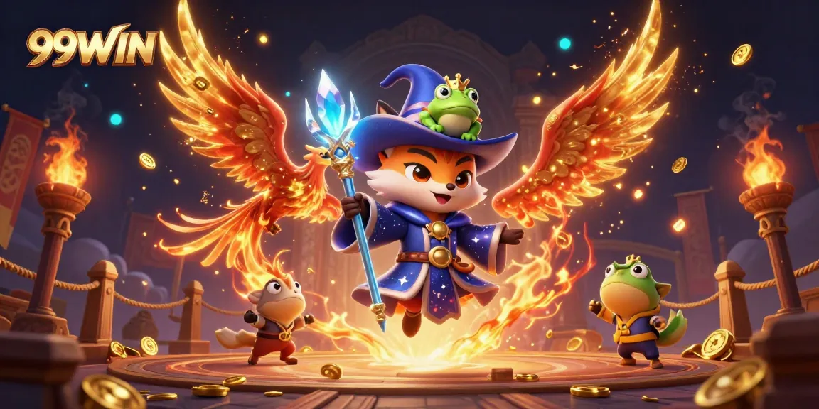 Experience thrilling 99WIN action with a magical wizard, phoenix, and an enchanted frog, amidst a vibrant casino scene.