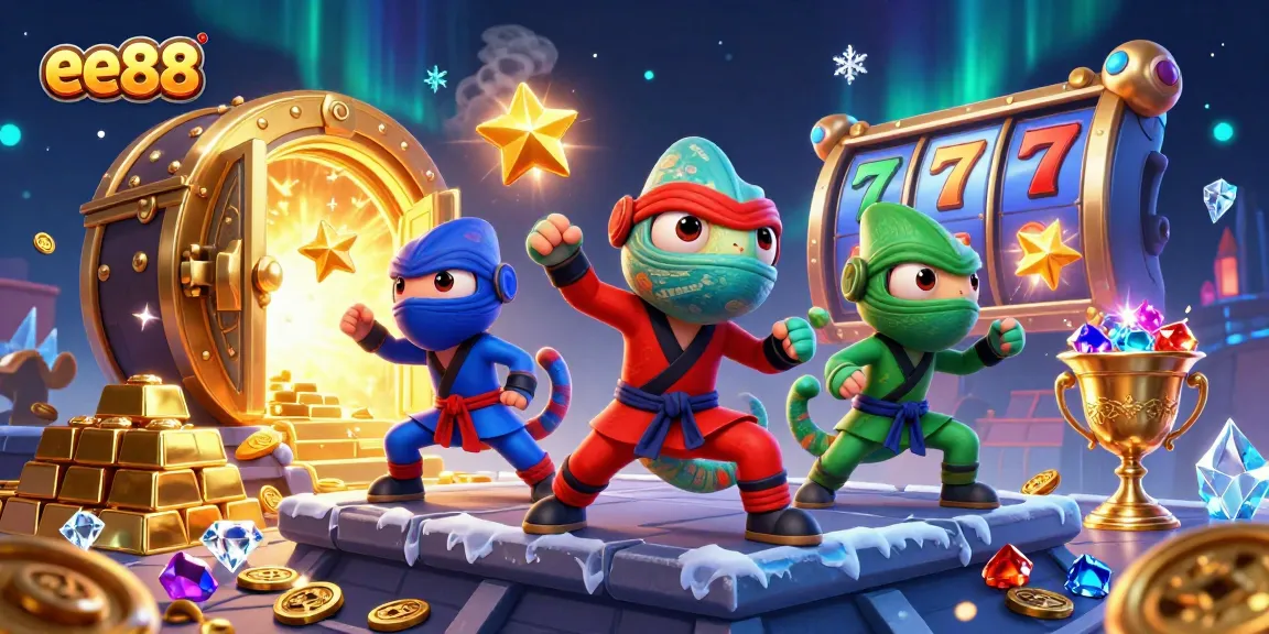 ee88 showcases ninja chameleons in a vibrant, colorful casino scene with synchronized martial arts.