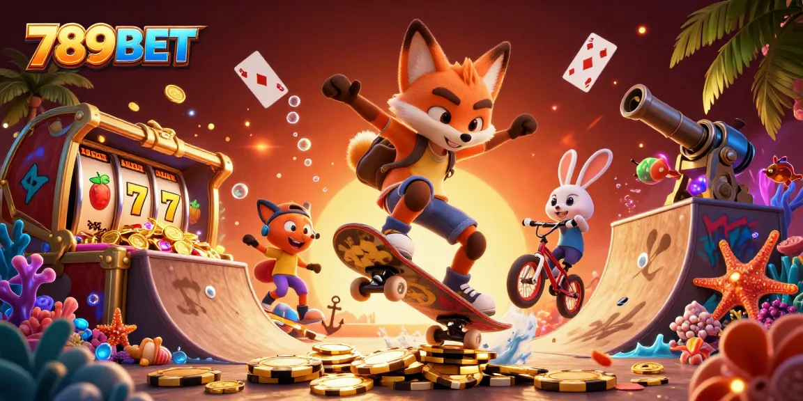 Experience thrilling wins with 789BET in this vibrant casino scene featuring playful characters.