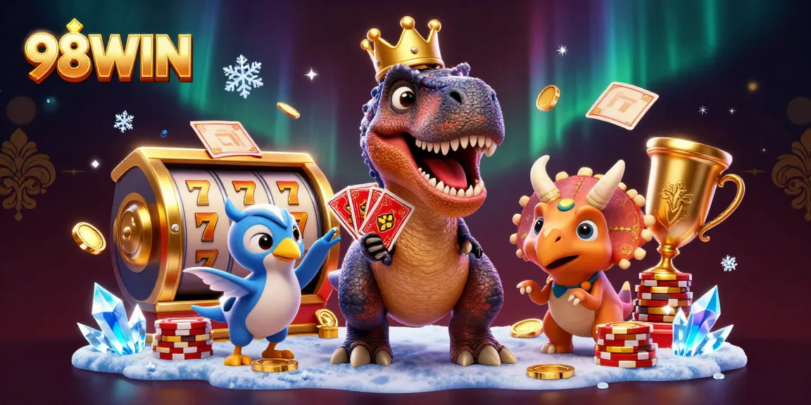 Experience the excitement of 98WIN with a vibrant 3D gambling scene featuring iconic characters and elements.
