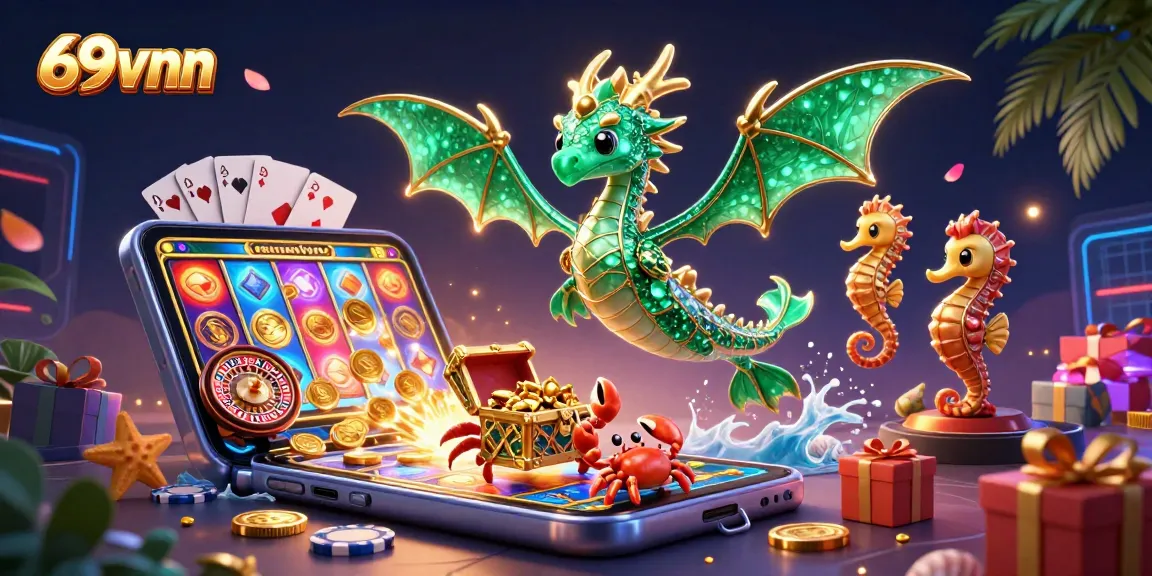 Win big at 69vnn with vibrant slot games and treasure-filled adventures illustrated in a dynamic 3D scene.