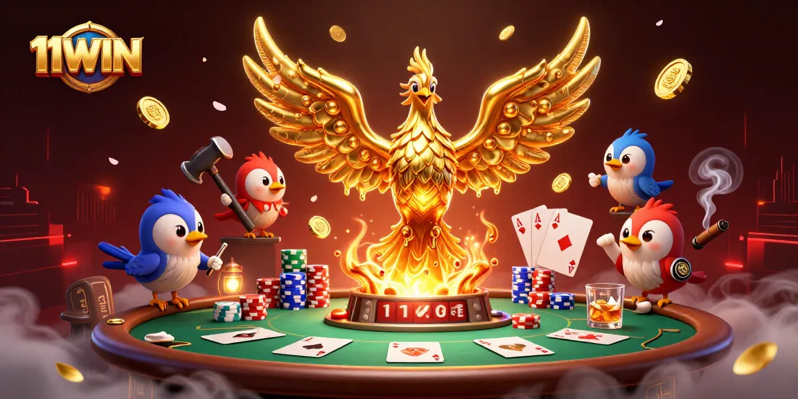 Experience the thrill of 11WIN with a golden phoenix and vibrant poker scene.