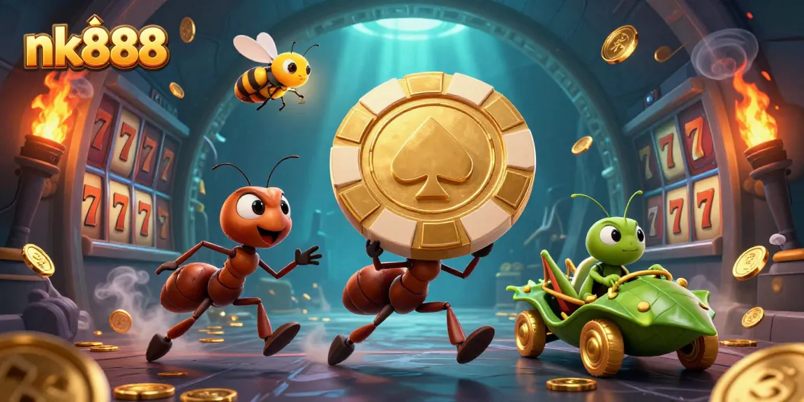 Engage with the dynamic nk888 heist scene featuring cartoon ants, casino elements, and golden details.