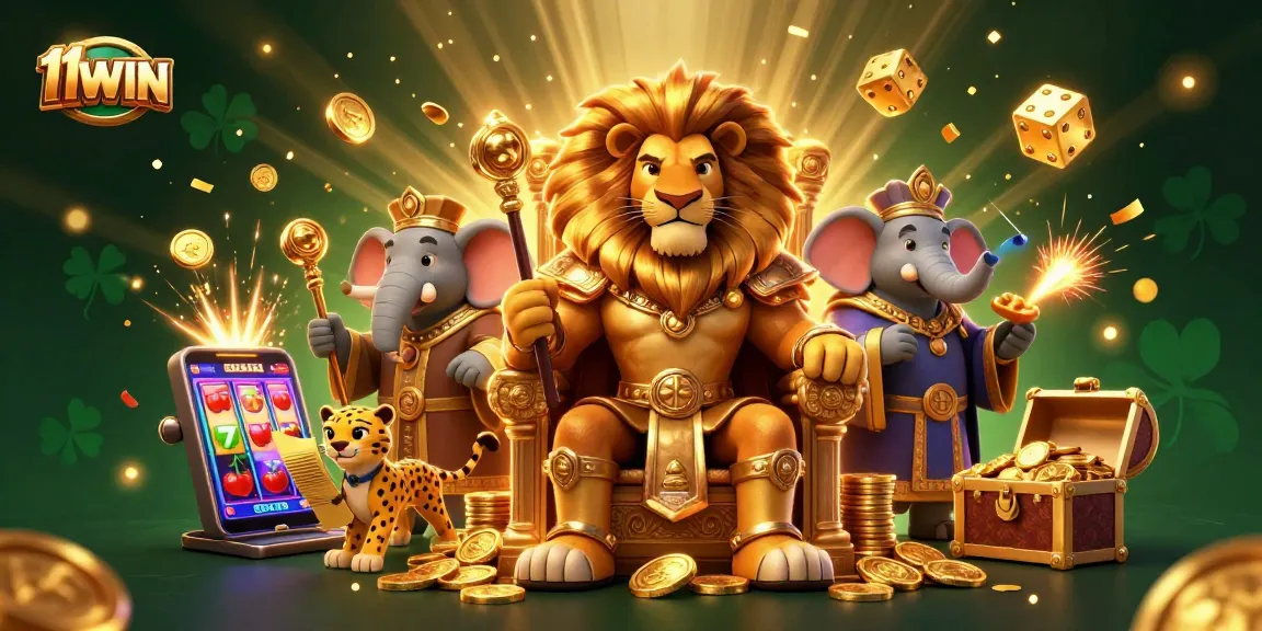 Spin to win at 11WIN with vibrant 3D illustration featuring a lion king and a jackpot!