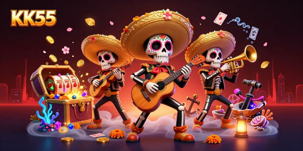 KK55 illustrates a vibrant casino scene with a mariachi band and explosive gaming elements.