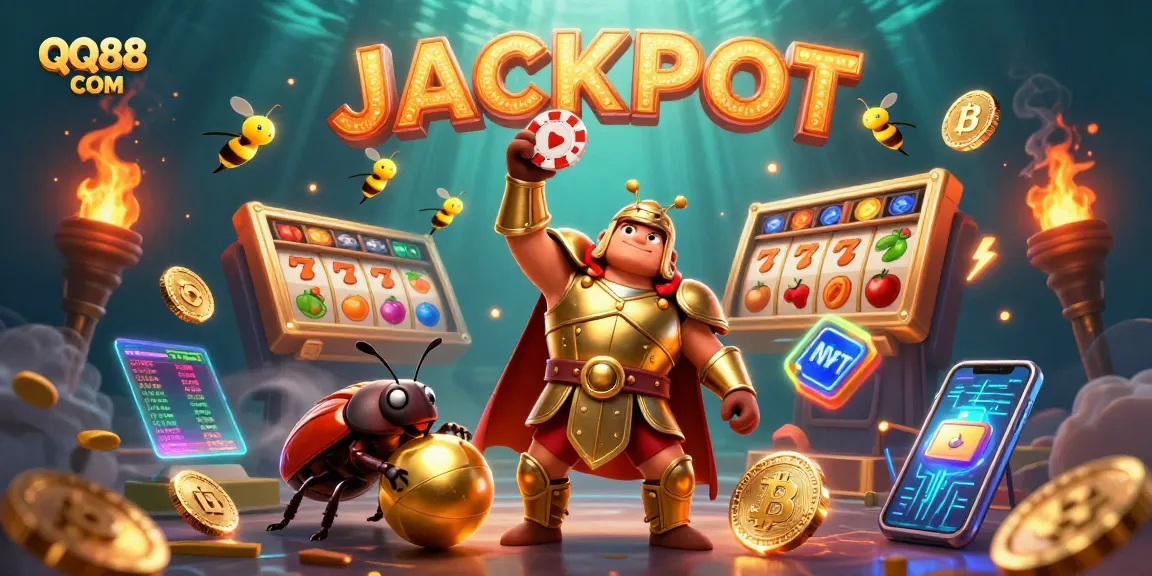 Unleashing the excitement of QQ88 COM with a vibrant 3D beetle scene showcasing casino elements and jackpot celebrations.