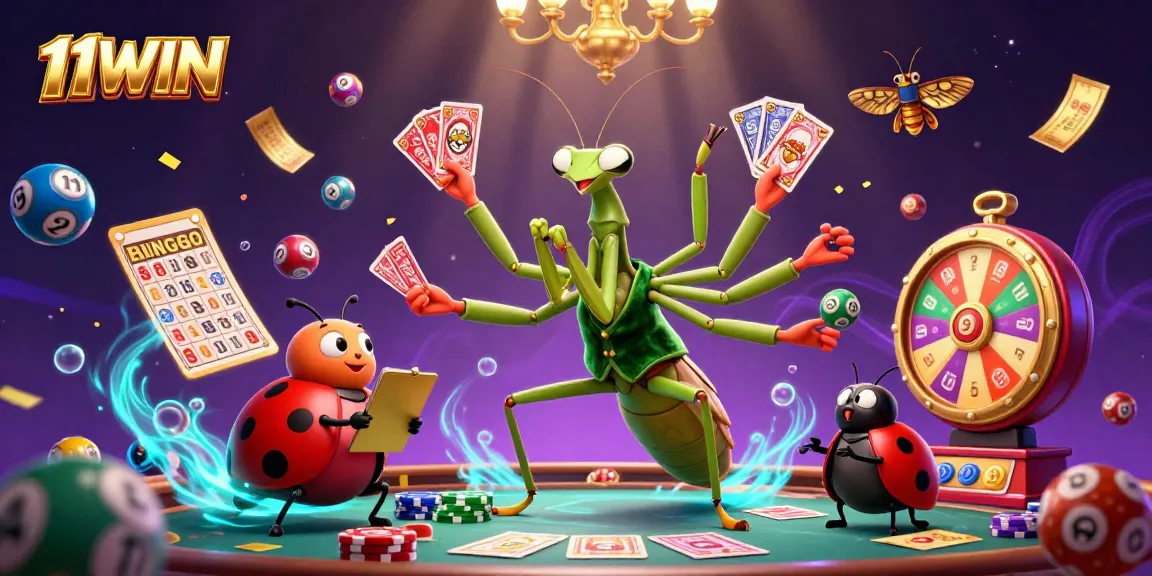 Experience the excitement of 11WIN with a lively 3D casino scene featuring a card sharp, pit boss, and dynamic game elements.