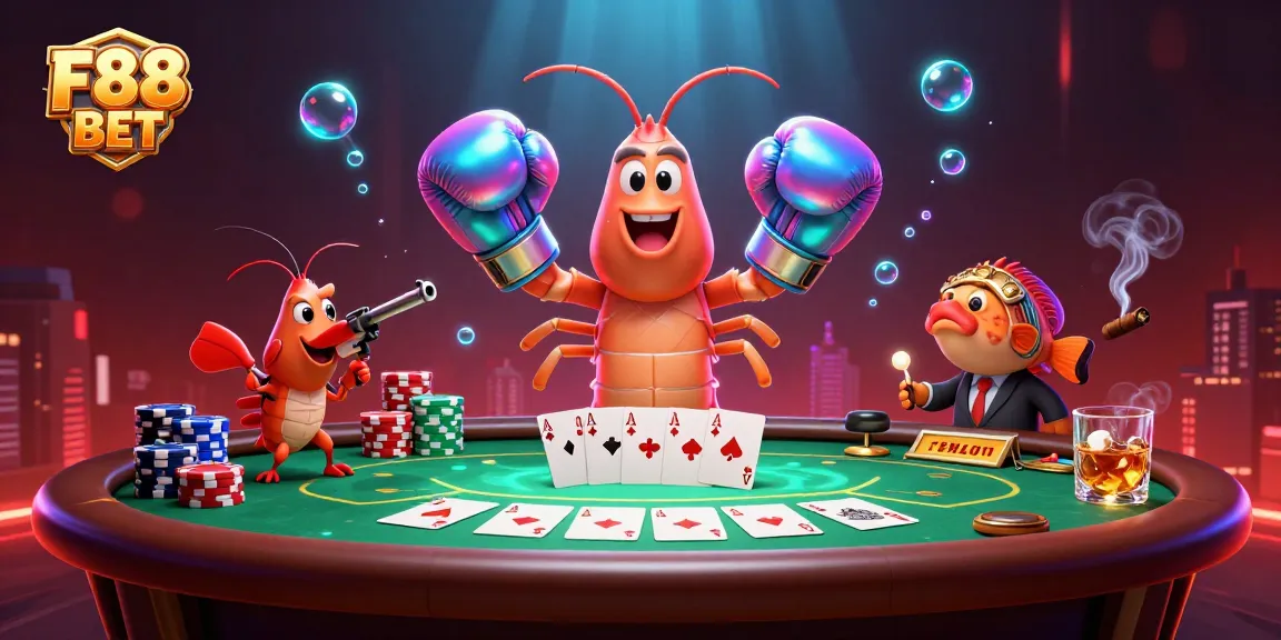 Experience F88 BET with a vibrant poker showdown featuring mantis and pistol shrimp in action.