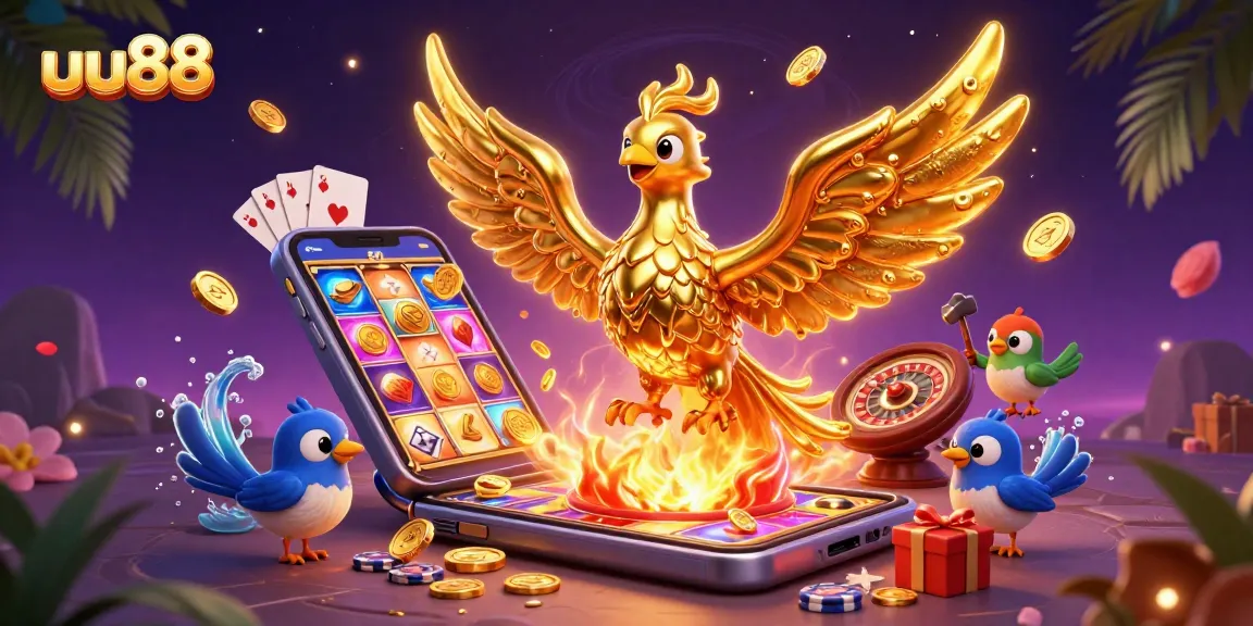 Experience the excitement of uu88 as golden coins erupt from a smartphone displaying games.