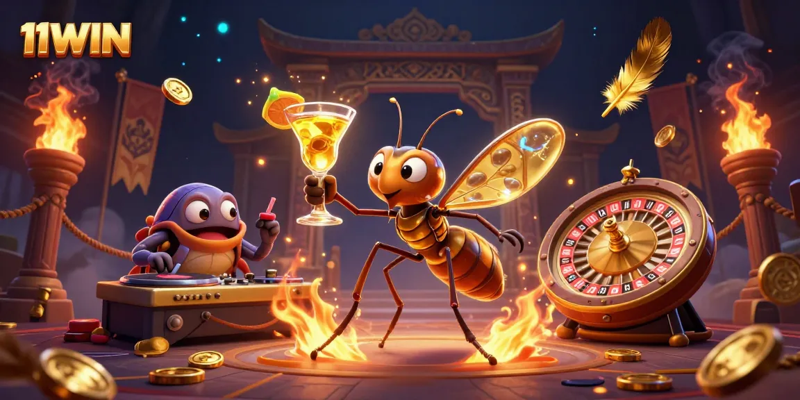 Experience 11WIN excitement with a vibrant casino scene featuring animated mascots and dynamic gaming elements.